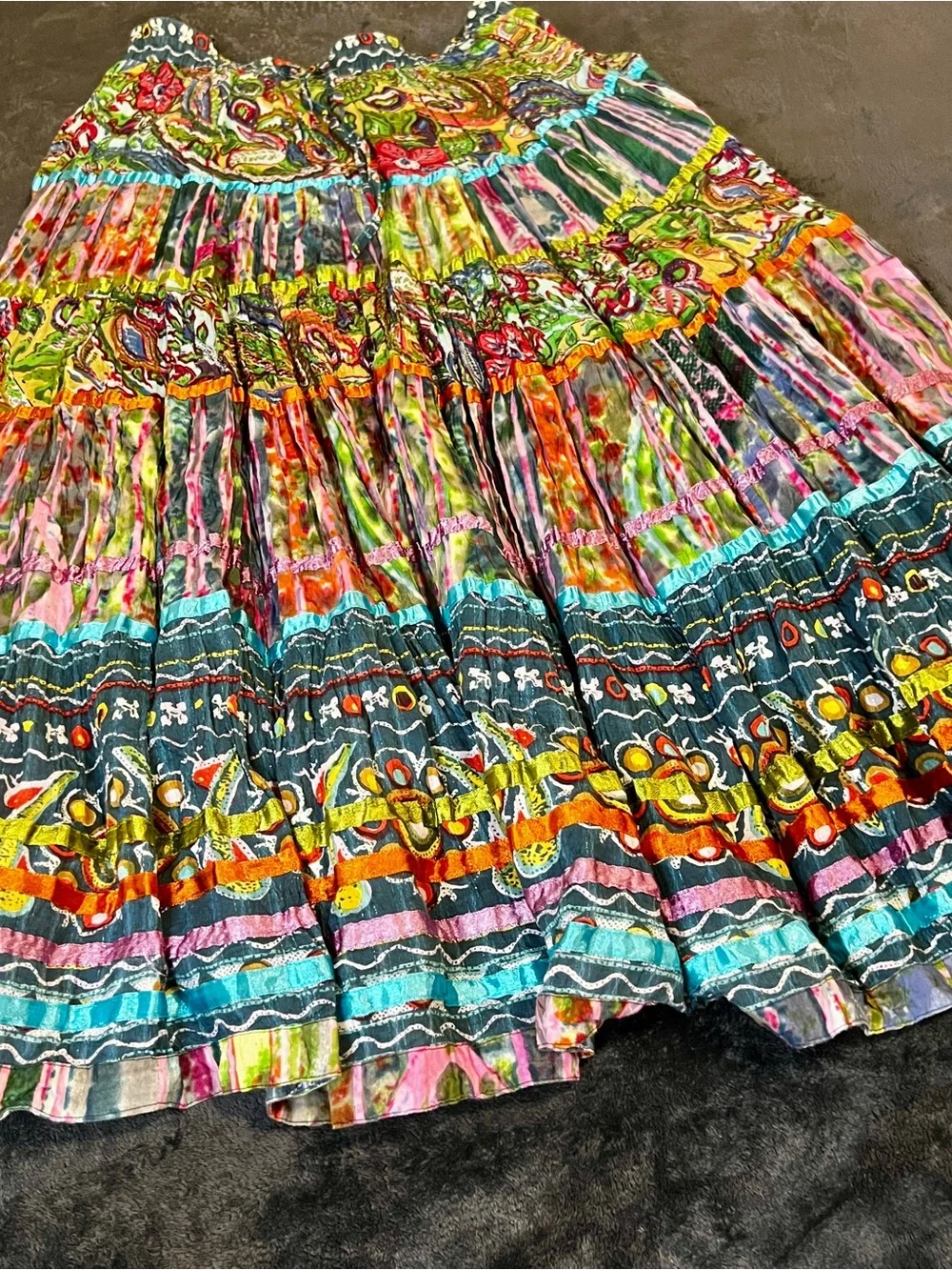 TravelSmith Wms Colorful Cotton Patchwork Tiered Paisley Boho Gypsy Maxi Skirt M